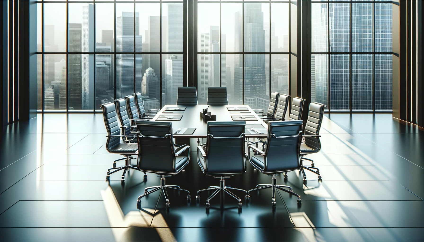 A-professional-office-setting-with-a-large-conference-table-and-several-chairs-around-it.-The-room-has-a-large-window-with-a-view-of-a-city-skyline
